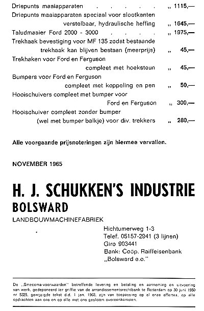 prijslijst schukken maaibalk november 1965