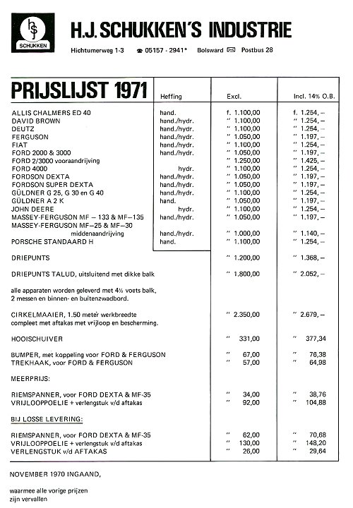 prijslijst schukken's industrie 1971